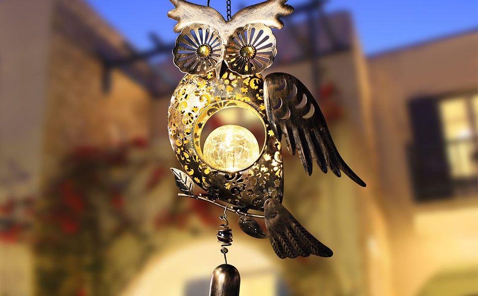 Take Me solar owl wind chimes create a beautiful outdoor setting and brighten your garden