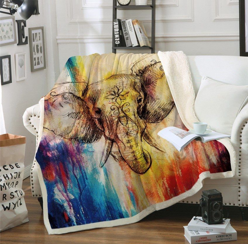 Watercolor Elephant Sherpa Fleece Throw Blanket Comfy Cozy Super Soft Blanketor