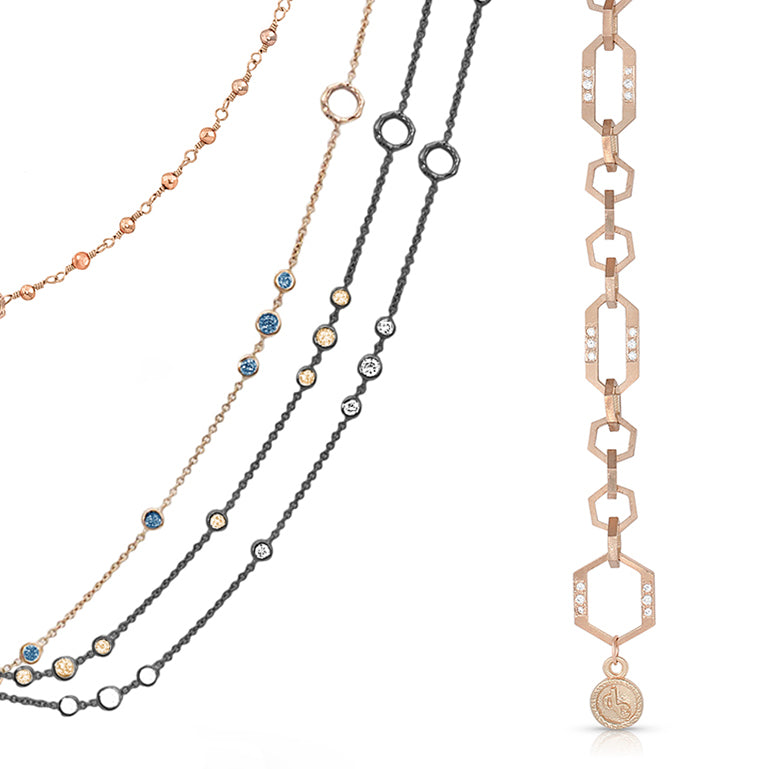 Dominique Cohen white diamond and rose gold timepiece necklace, swooping choker style, and 3 trio long necklaces: white diamond, champagne diamond, blue diamond, rose and black golds; for assistance, contact us at 323-404-2959 or through this website.