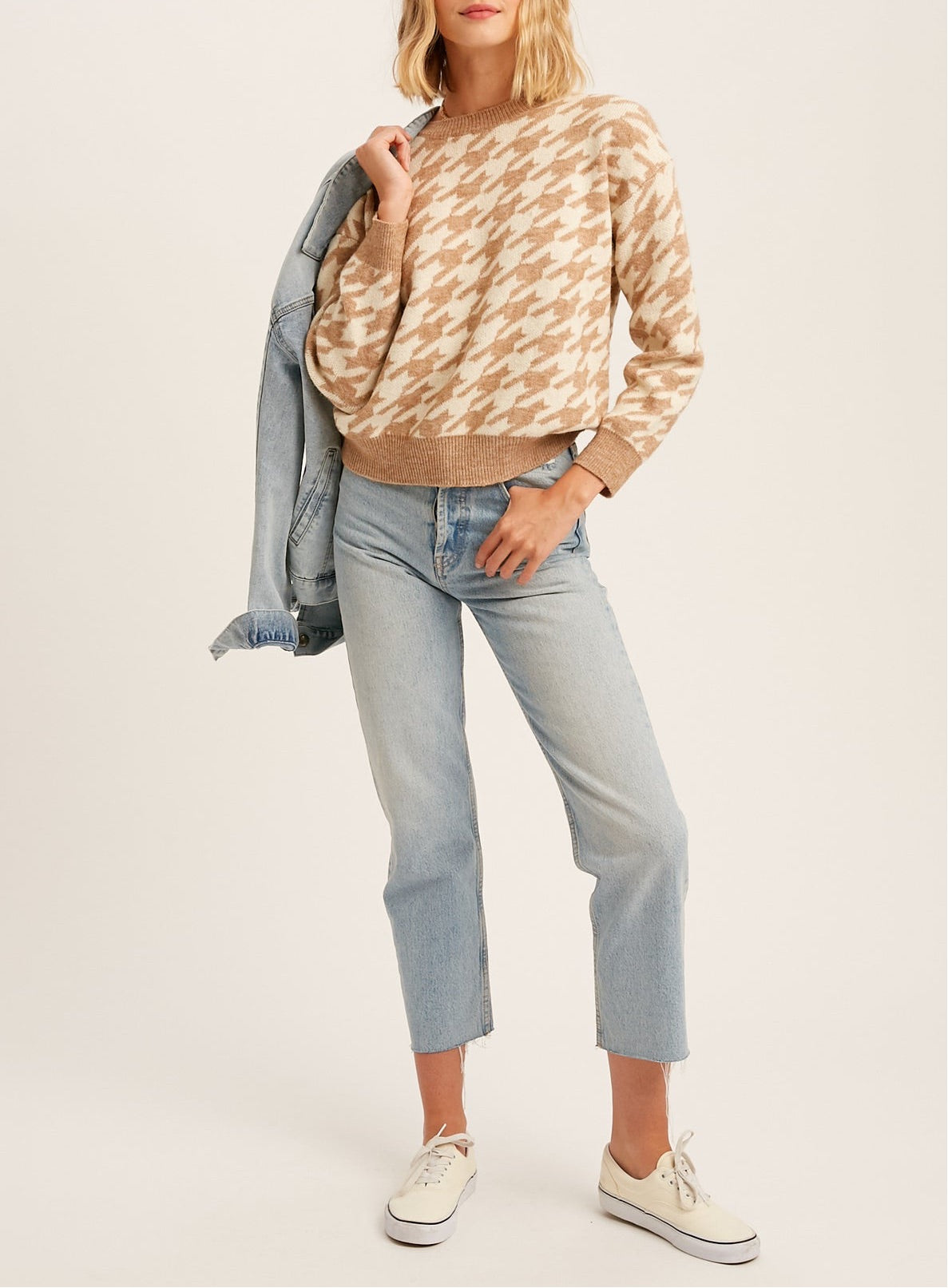 Houndstooth Knit Sweater Taupe