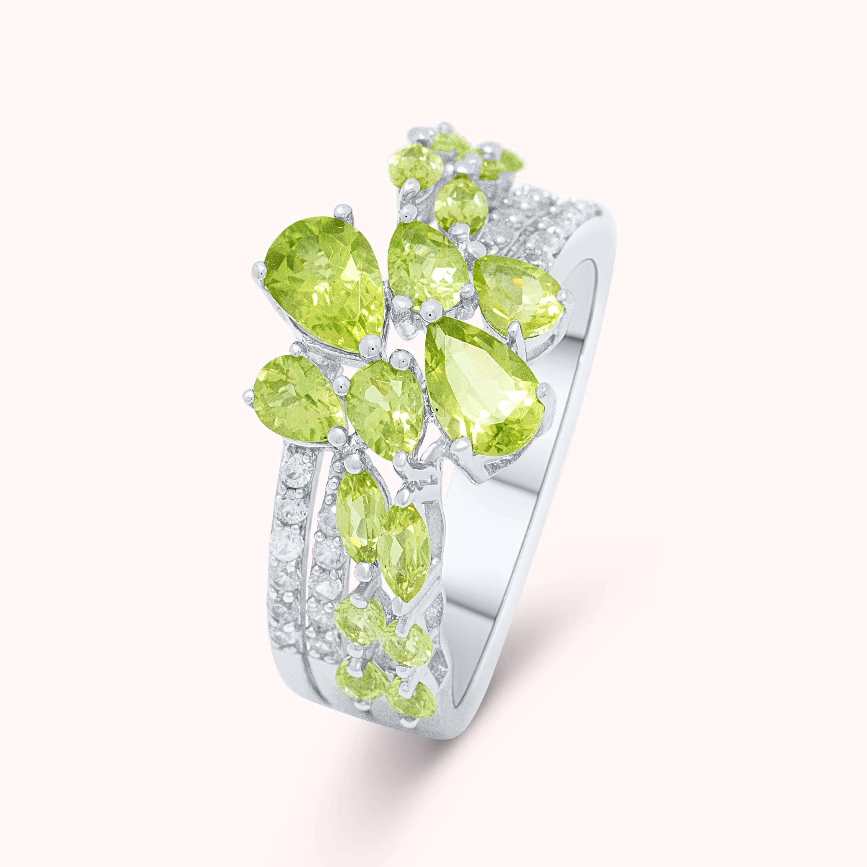 Elegant Natural Green Peridot and Zircon Gemstones Sterling Silver Ring, August Birthstone Trendy Gift, Daily Unique Design