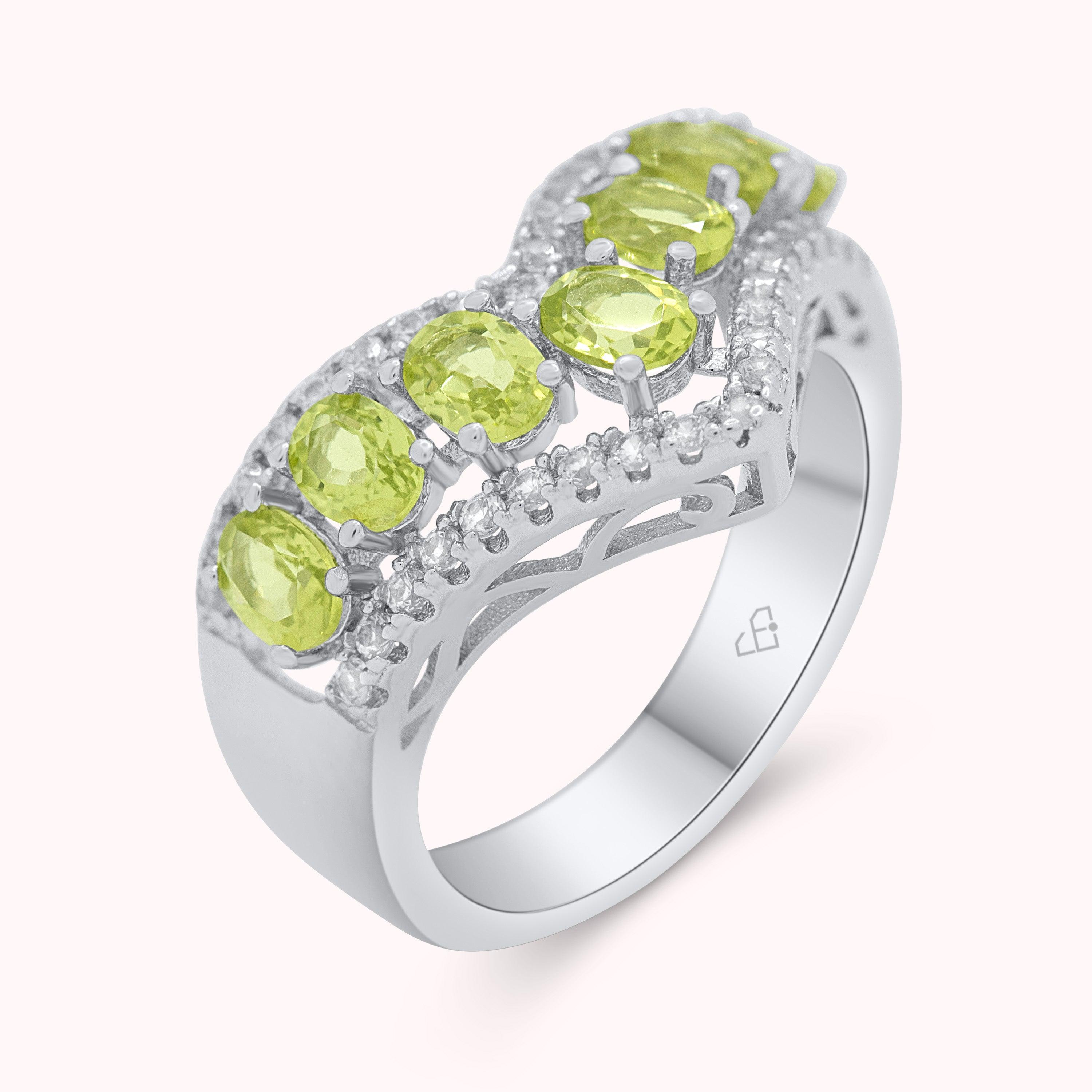 Elegant Natural Green Peridot and Zircon Gemstones Sterling Silver Ring, August Birthstone Trendy Gift, Daily Unique Design