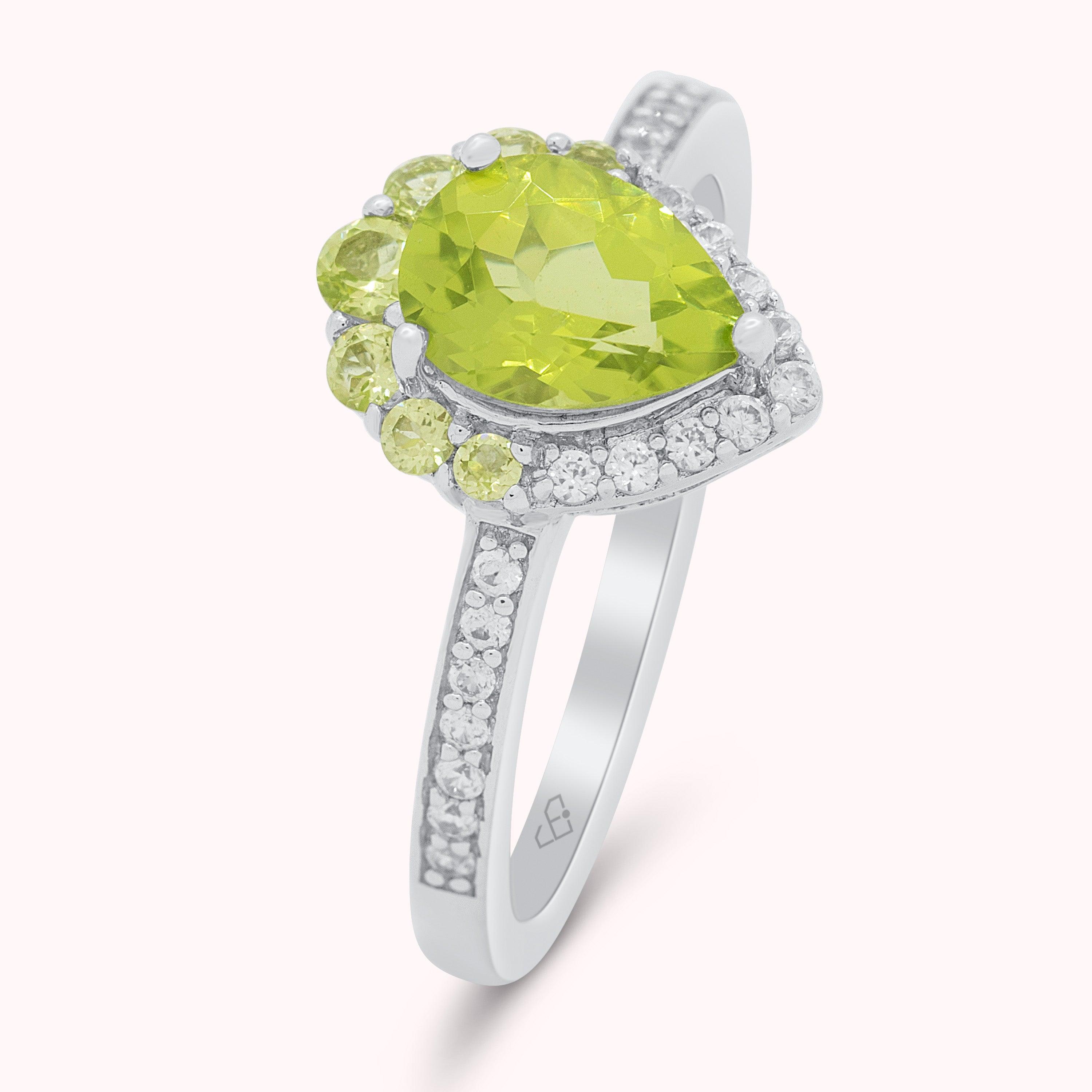 Elegant Natural Green Peridot and Zircon Gemstones Sterling Silver Ring, August Birthstone Trendy Christmas Gift, Daily Unique Design