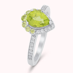 Elegant Natural Green Peridot and Zircon Gemstones Sterling Silver Ring, August Birthstone