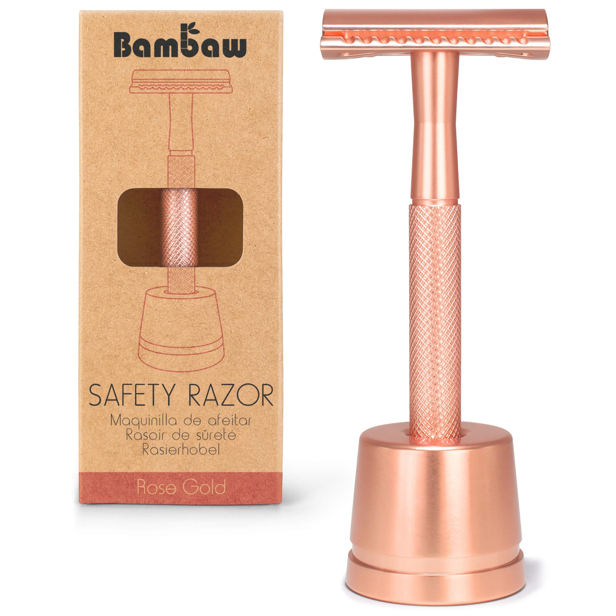 Se Bambaw safety razor med holder + blad rose gold hos Suztain