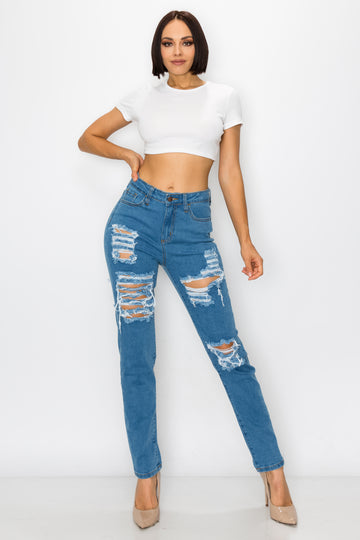 40098 Women's High Waisted Distressed Skinny Jeans with Cut Outs
