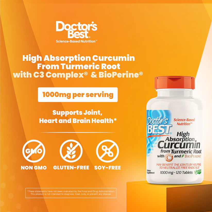 DOCTOR'S BEST High Absorption Curcumin Regular from Turmeric Root with C3 Complex & BioPerine, 1000mg - 120 TabLETSs