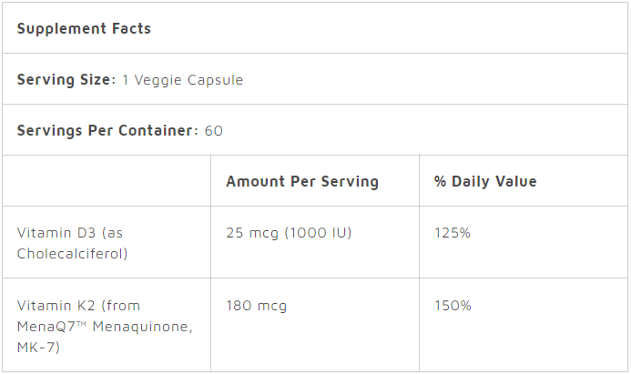 Doctor's Best Natural Vitamin K2 MK-7 with MenaQ7 plus Vitamin D3, 180 mcg, 60 Veggie Caps