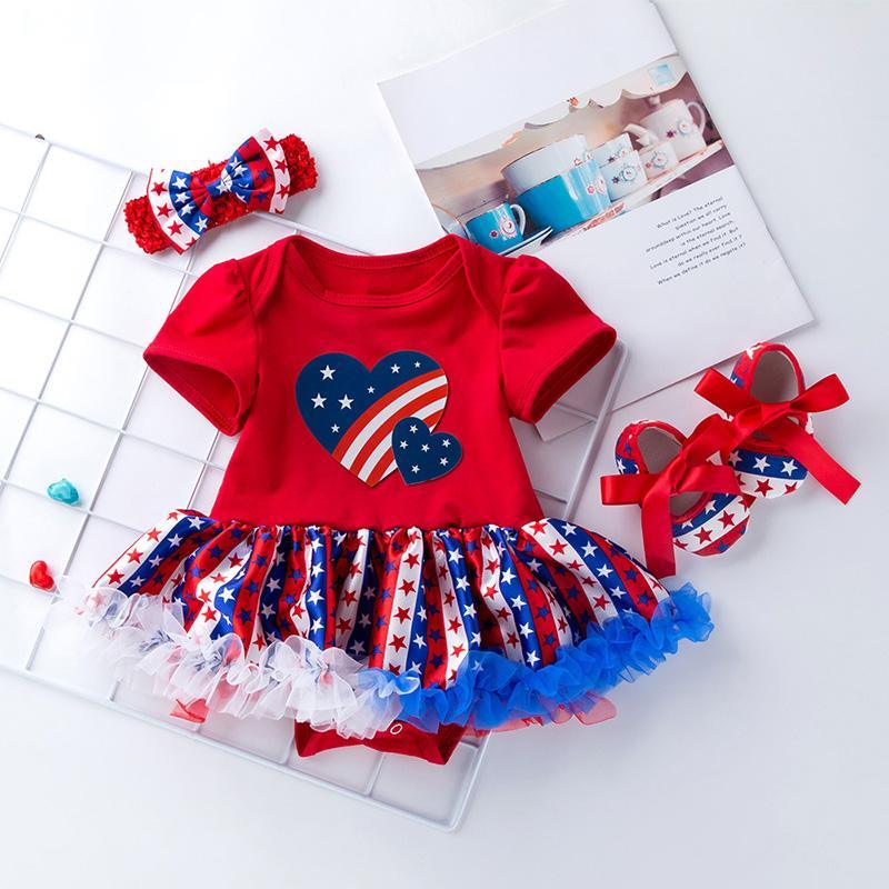 Baby Girl Independence Day Heart-shaped Print Mesh Tutu Hem Bodysuit & Headband Children's Clothing