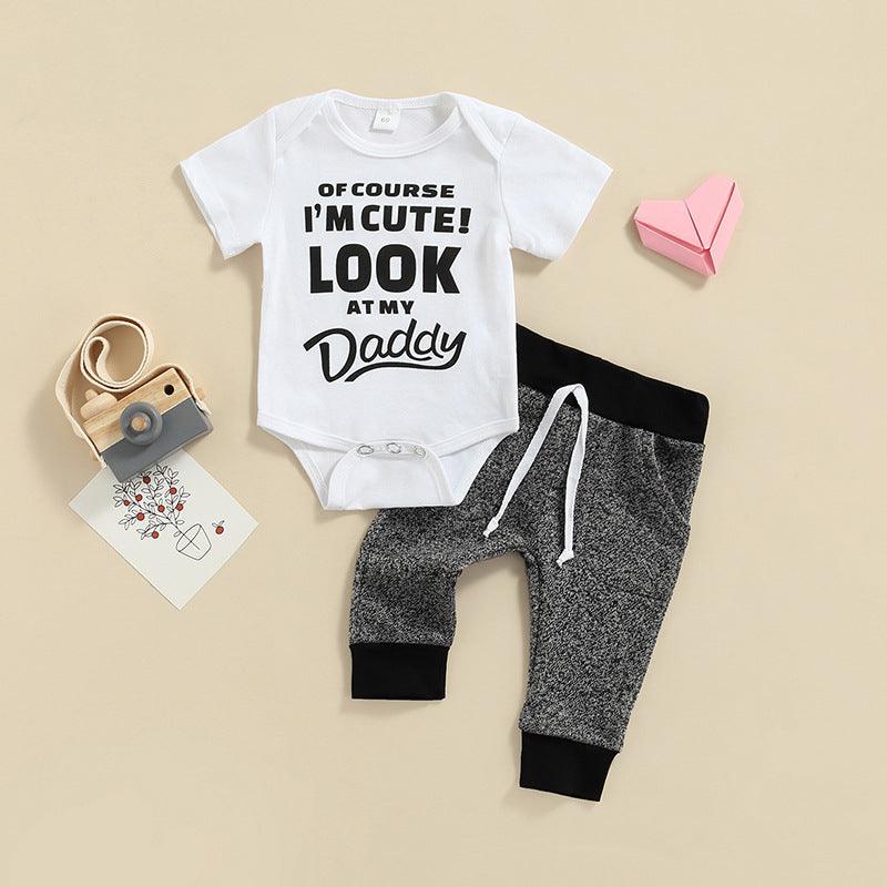 Baby Boys Letter Print Jumpsuit And Colorblock Trousers Two Piece Baby Sets