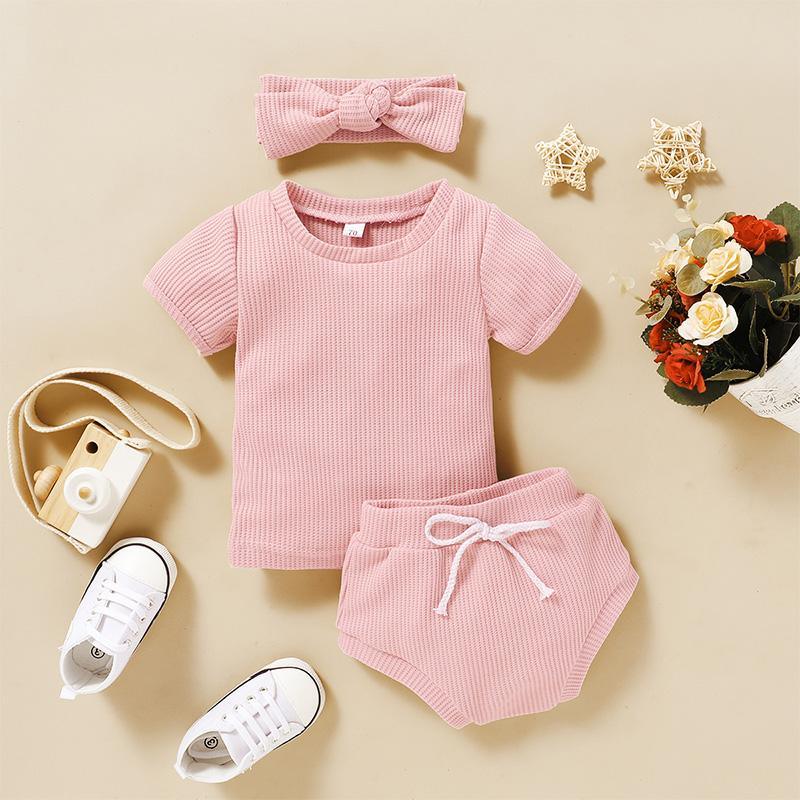 3-piece Solid T-shirt & Bloomers & Headband for Baby Girl Clothing Wholesale