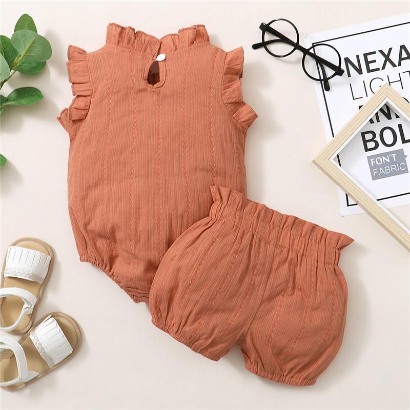 Baby Girl Solid Color Bow Decor Sleeveless Bodysuit & Ruffle Trim Shorts