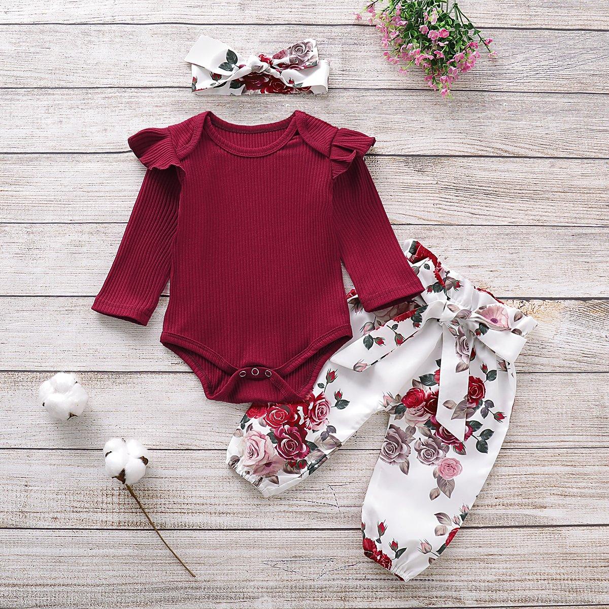 3-Piece Long-Sleeve Ruffled Bodysuit, Floral Pants and Headband Children's clothing wholesale