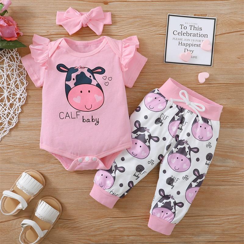 Baby Girl Cow Pattern Ruffle Trim Bodysuit & Printed Pants & Headband