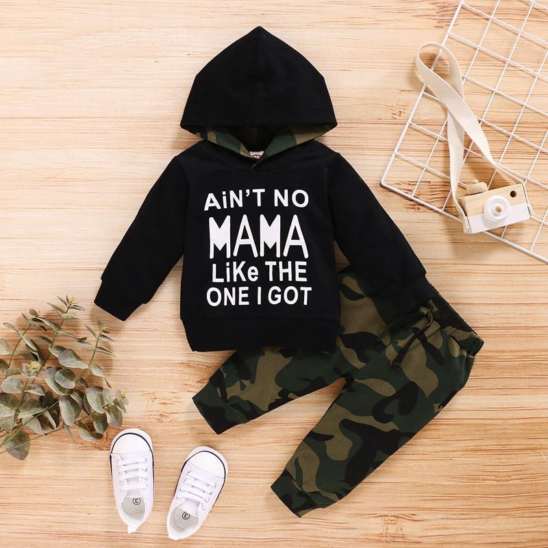 2-piece Letter Pattern Hoodie & Camouflage Pants for Baby Boy