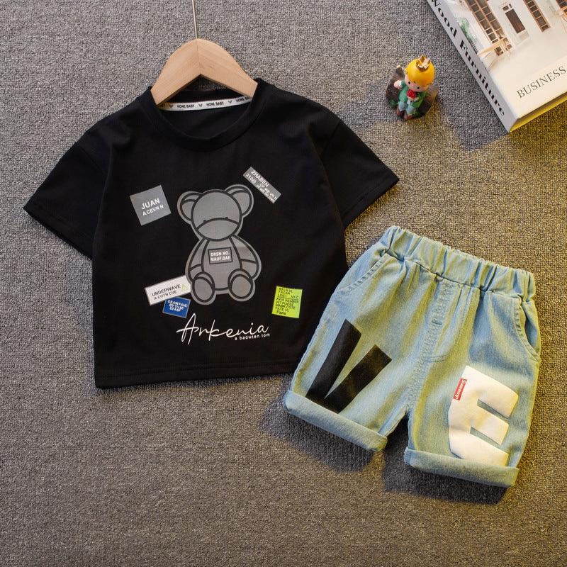 9M-4Y Round Neck Bear Print Short-Sleeved T-Shirt Casual Denim Shorts Two-Piece Set Wholesale Baby Clothes