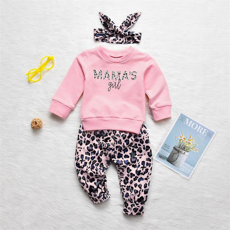 Baby Girl Letter Print Sweatshirt And Leopard Print Pants And Headband Baby Outfit Sets