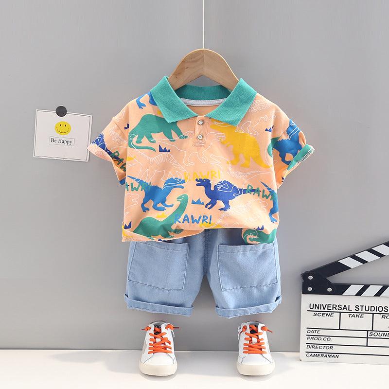 9M-4Y Toddler Boy Clothing Wholesale Outfits Sets Full Print Dinosaur Polo Shirts & Denim Shorts