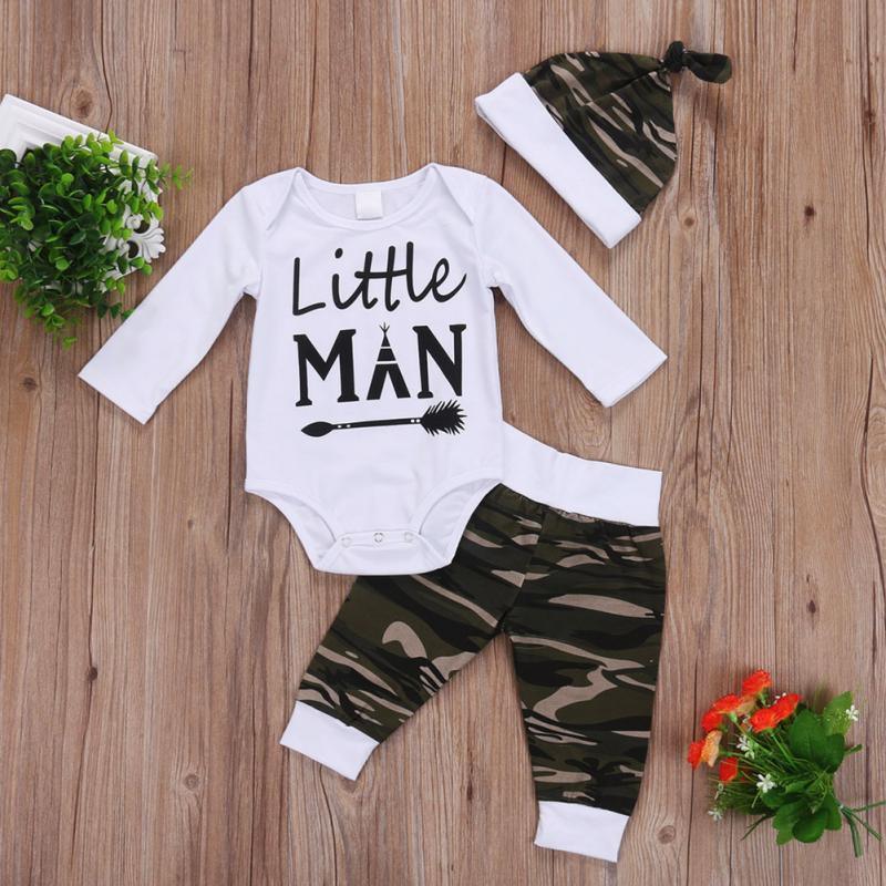 Baby Boys Solid Color Little Man Lettered Print Bodysuit Camouflage Pants Hat Three Piece Set