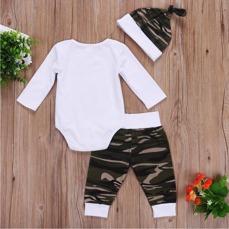 Baby Boys Solid Color Little Man Lettered Print Bodysuit Camouflage Pants Hat Three Piece Set