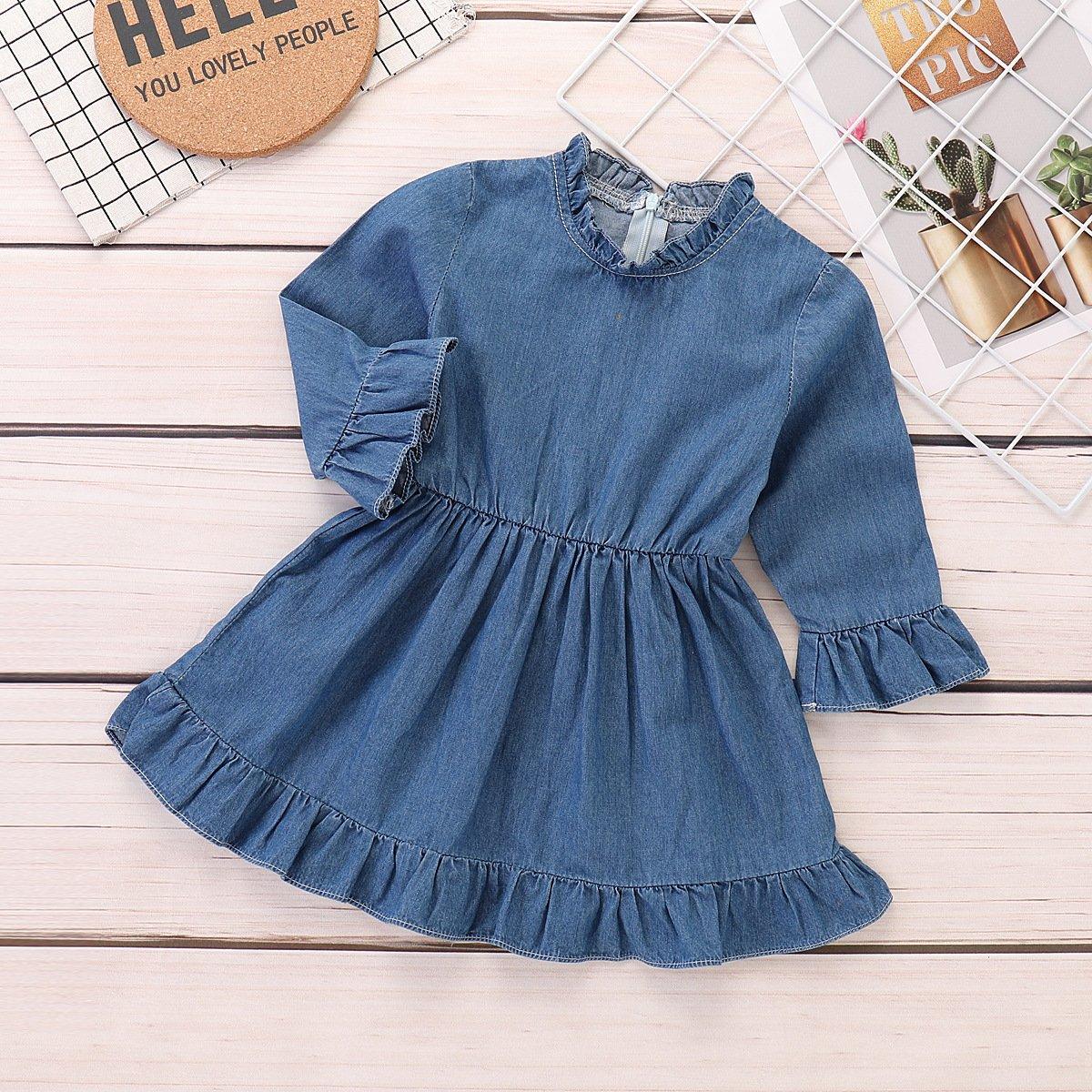 Baby Girls Denim Flared Sleeve Ruffle Collar Dress