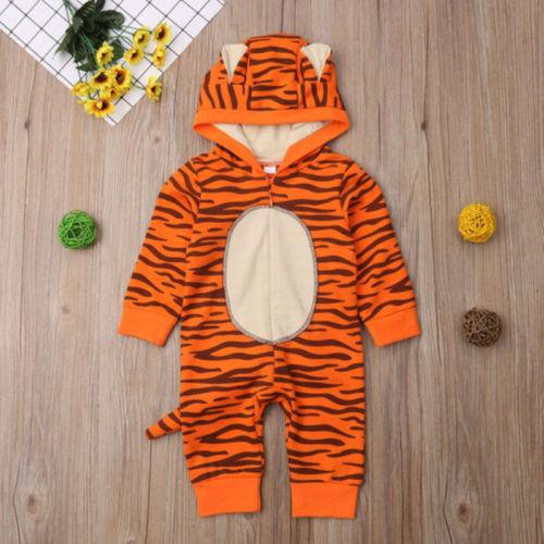 Baby Boys Girls Cartoon Tiger Styling Striped Print Cute Hooded Long Sleeved Jumpsuit