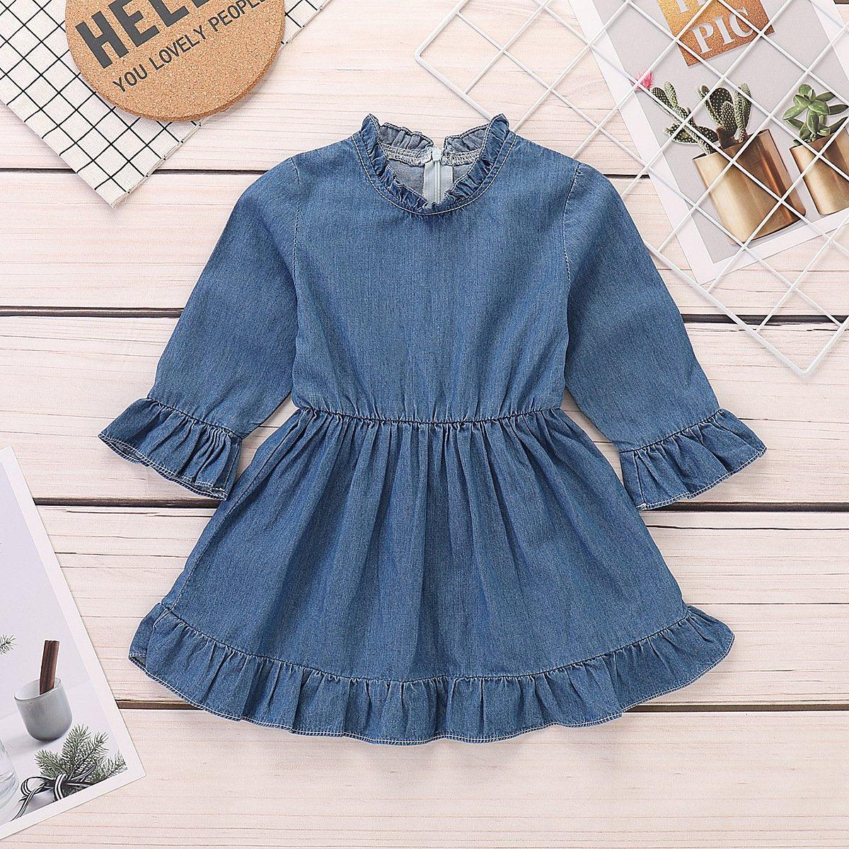 Baby Girls Denim Flared Sleeve Ruffle Collar Dress