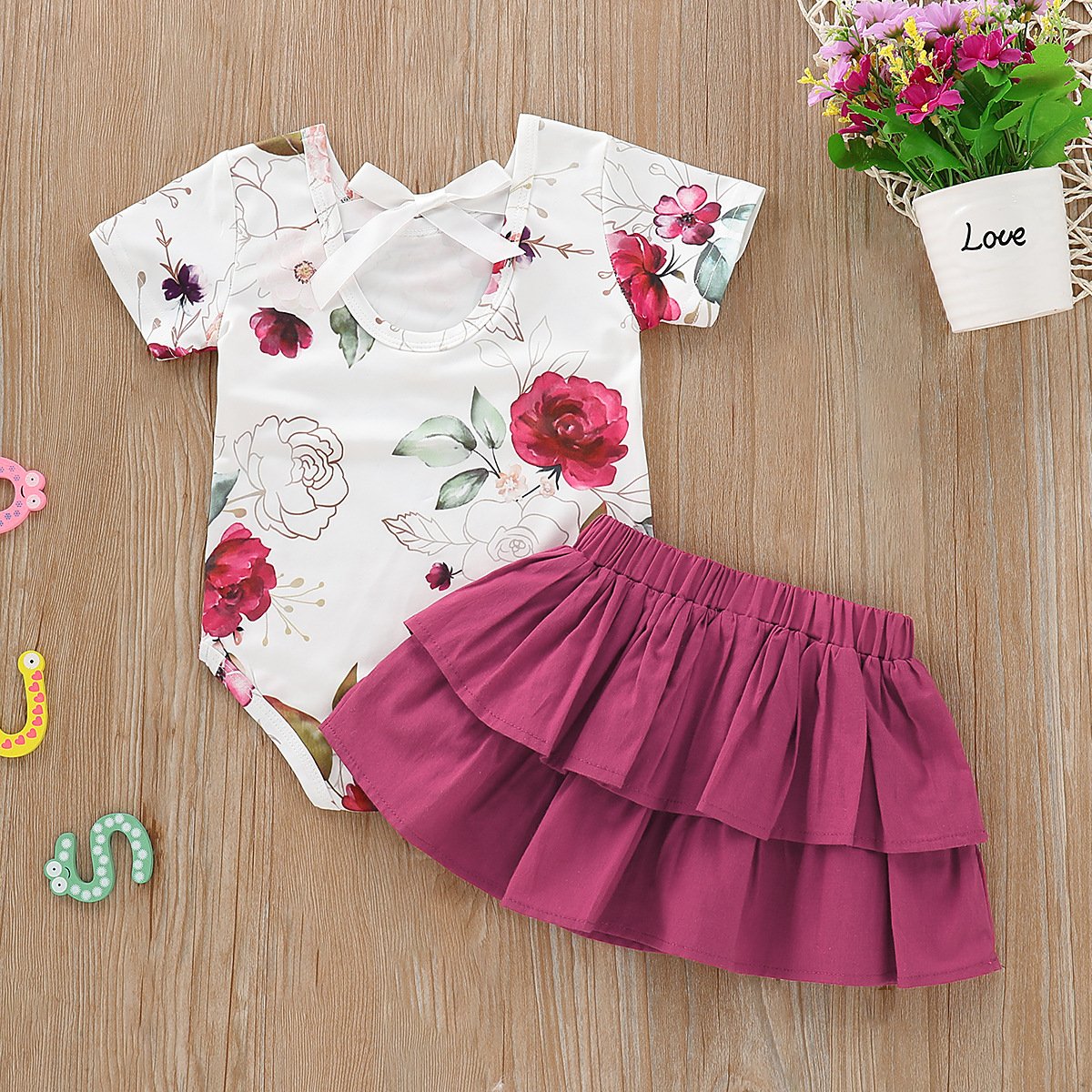 Baby Girls Floral Print Top & Layered Solid Color Skirt