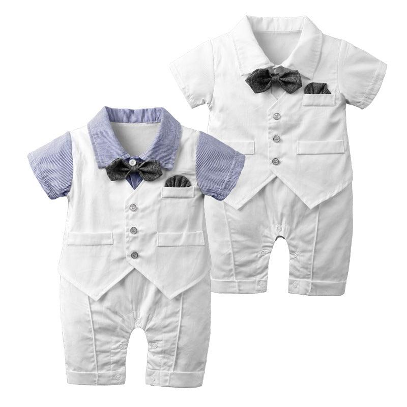 Baby Boys' Solid Color Fake Two-piece Waistcoat Bow Tie Gentleman's Short Sleeve Jumpsuit