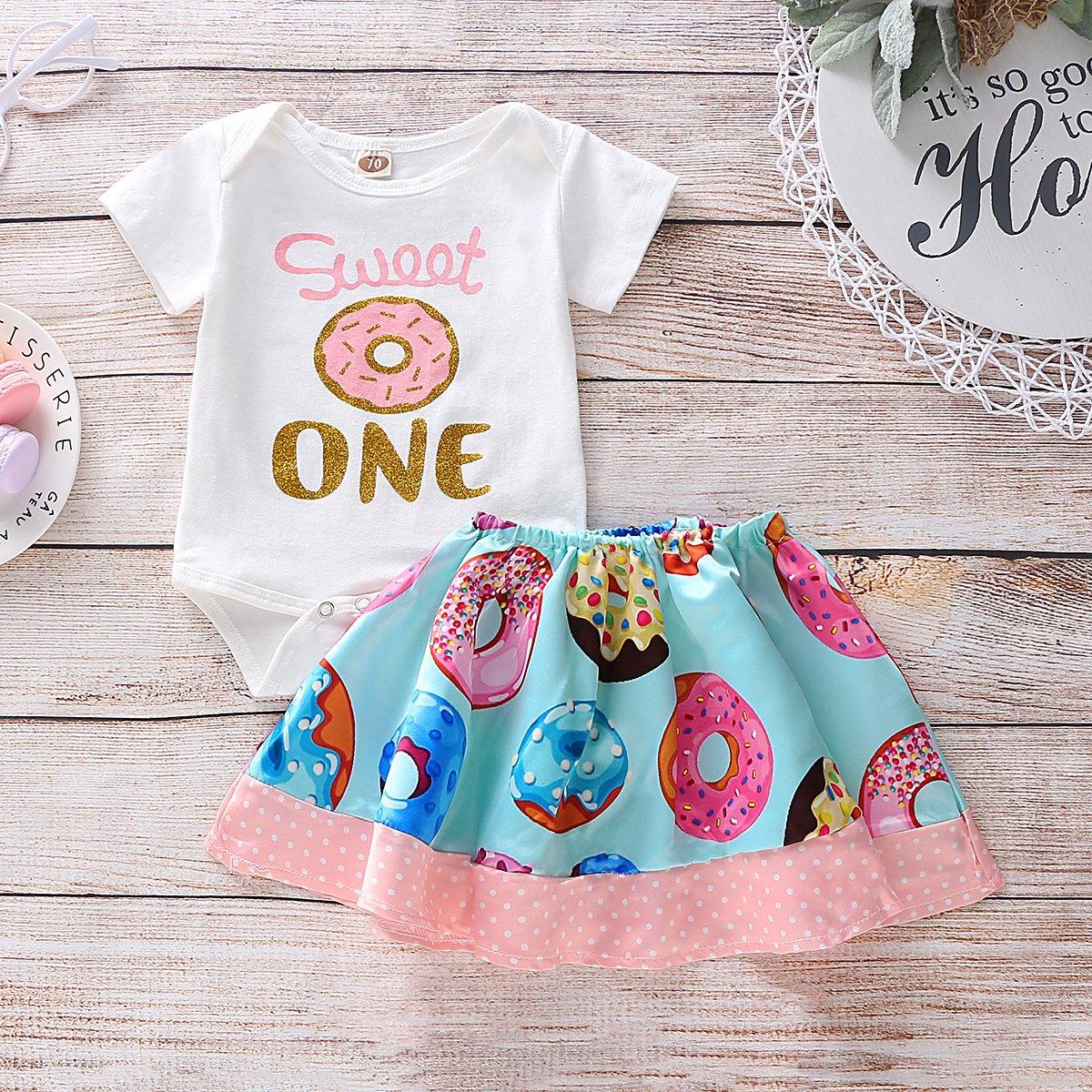 Baby Girls Cartoon Doughnut Print Top And Polka Dot Splice Skirt