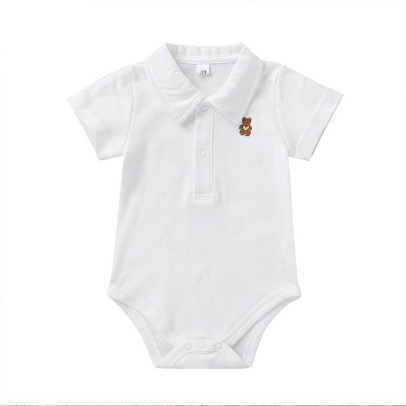 Baby Boys Girls Solid Color Cute Bear Embroidered Short Sleeve Jumpsuit