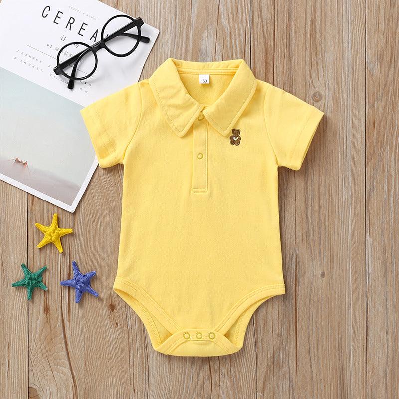 Baby Boys Girls Solid Color Cute Bear Embroidered Short Sleeve Jumpsuit