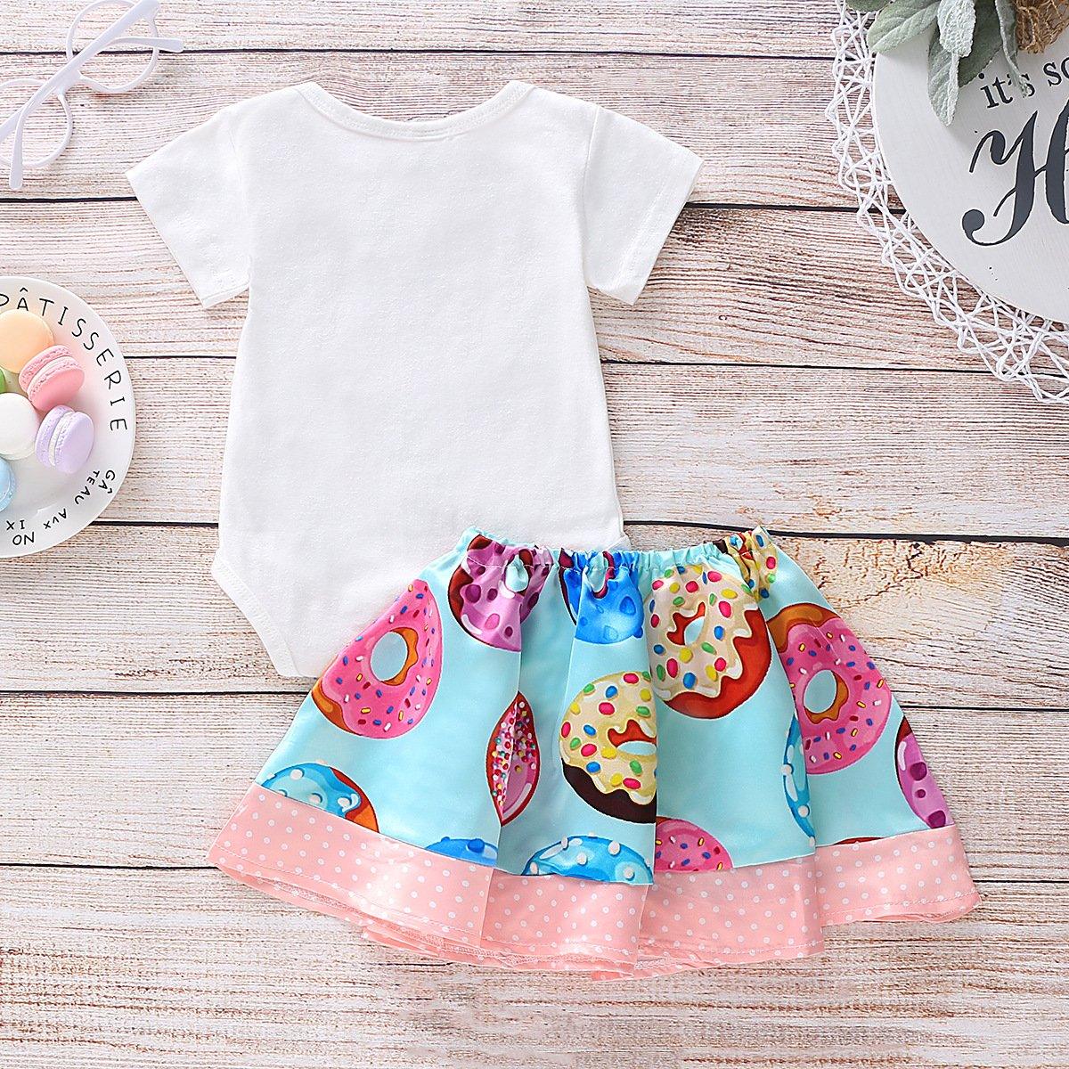 Baby Girls Cartoon Doughnut Print Top And Polka Dot Splice Skirt