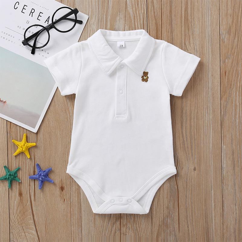 Baby Boys Girls Solid Color Cute Bear Embroidered Short Sleeve Jumpsuit