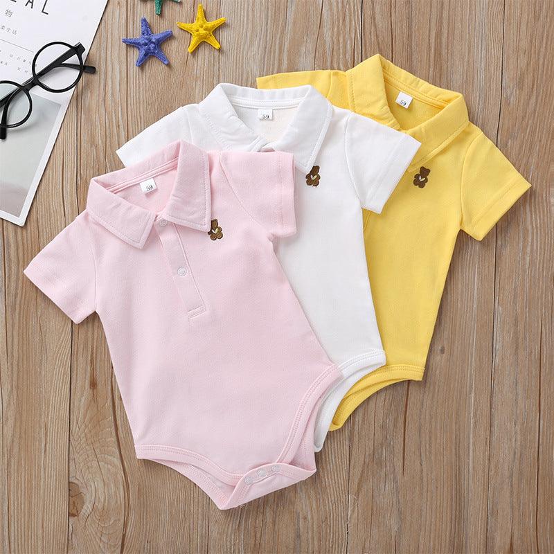 Baby Boys Girls Solid Color Cute Bear Embroidered Short Sleeve Jumpsuit