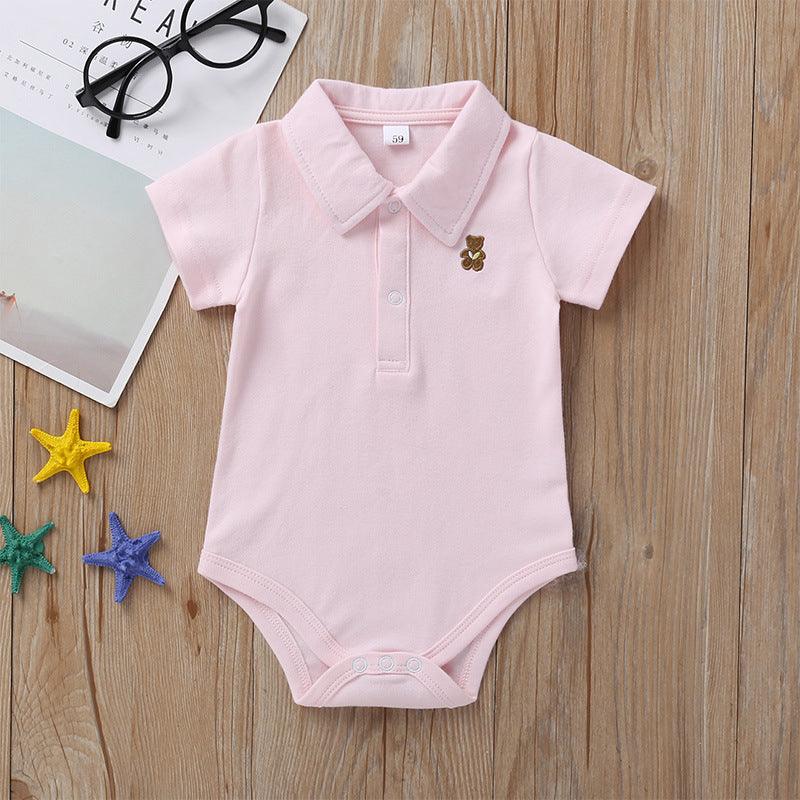 Baby Boys Girls Solid Color Cute Bear Embroidered Short Sleeve Jumpsuit