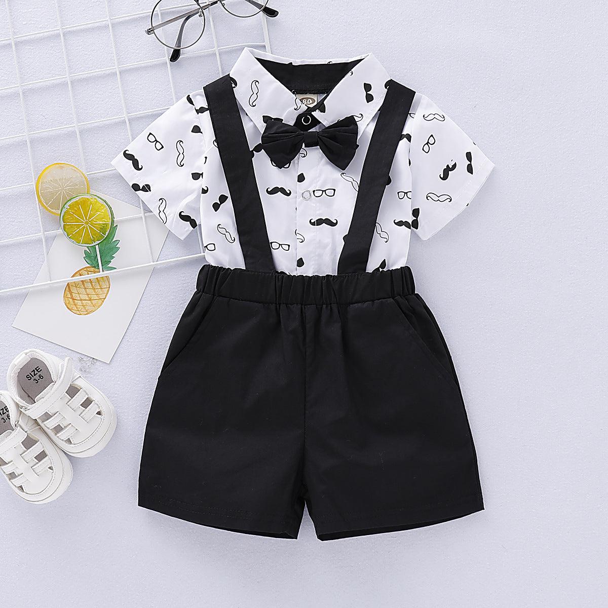 Baby Boys Cartoon Beard Printed Short-sleeved Shirt Solid Color Backpack Pants Bow Tie Set