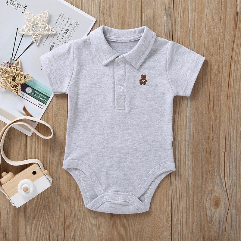 Baby Boys Girls Solid Color Cute Bear Embroidered Short Sleeve Jumpsuit