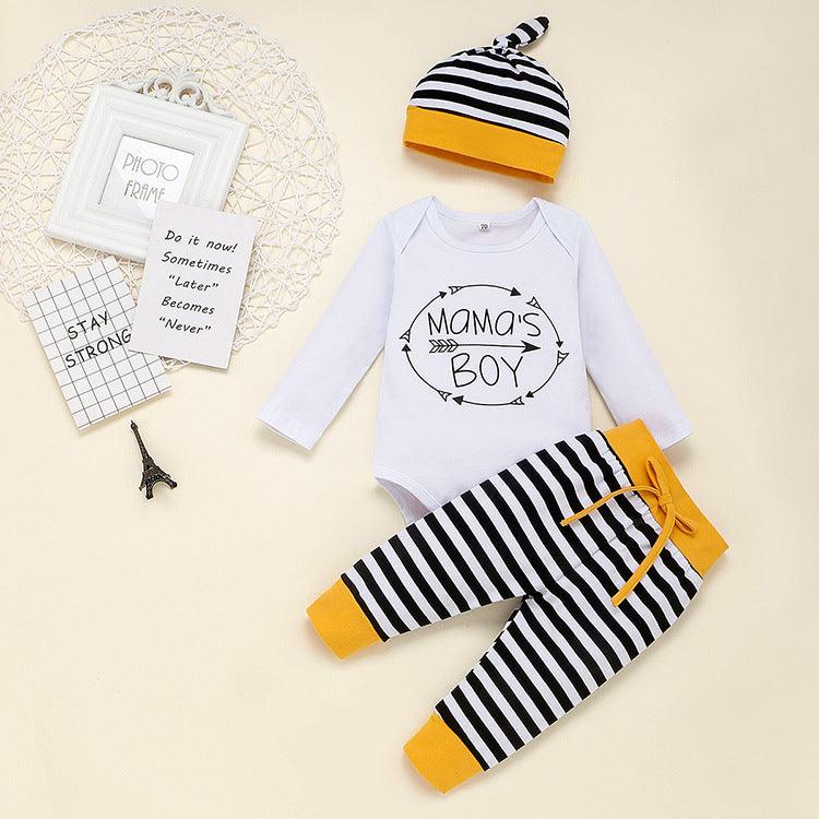 Baby Boys Solid Letter Printed One-piece Striped Pants Hat Set