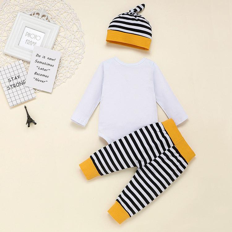 Baby Boys Solid Letter Printed One-piece Striped Pants Hat Set