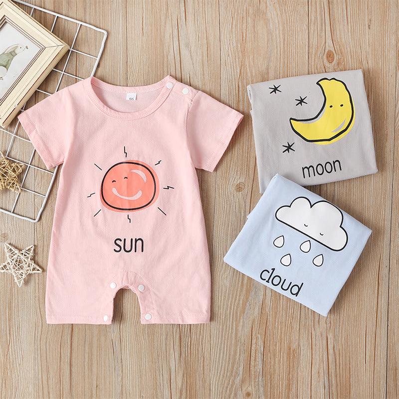 Baby Boys Girls Solid Color Cartoon Printed Short Sleeve Round Neck Jumpsuit