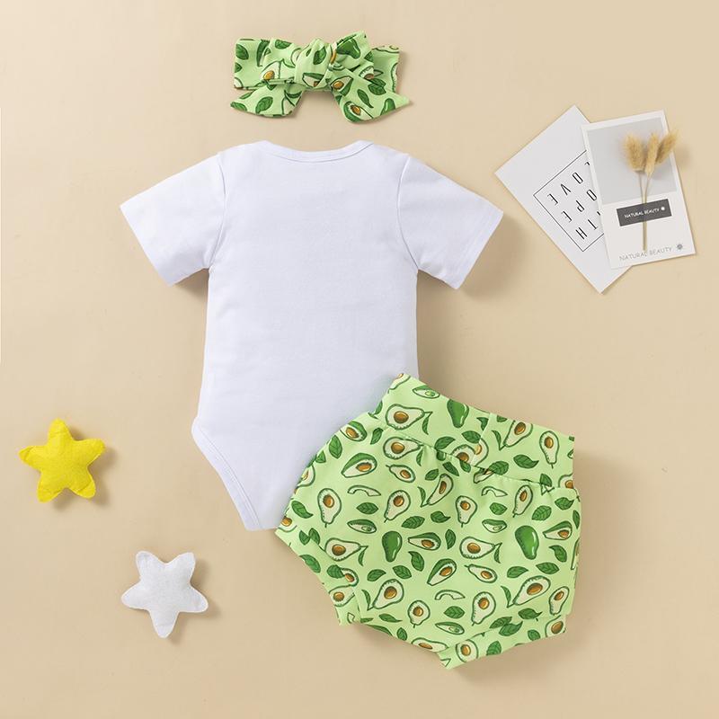 Baby Cartoon Avocado Pattern Letter Print Bodysuit & Shorts & Headband