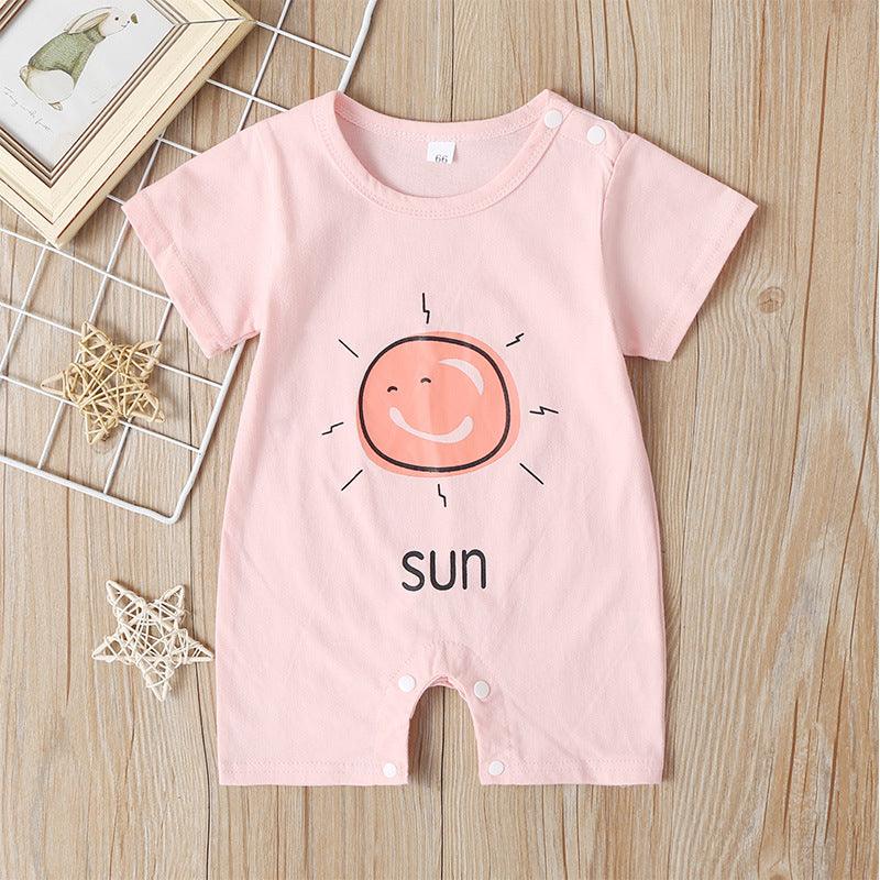 Baby Boys Girls Solid Color Cartoon Printed Short Sleeve Round Neck Jumpsuit