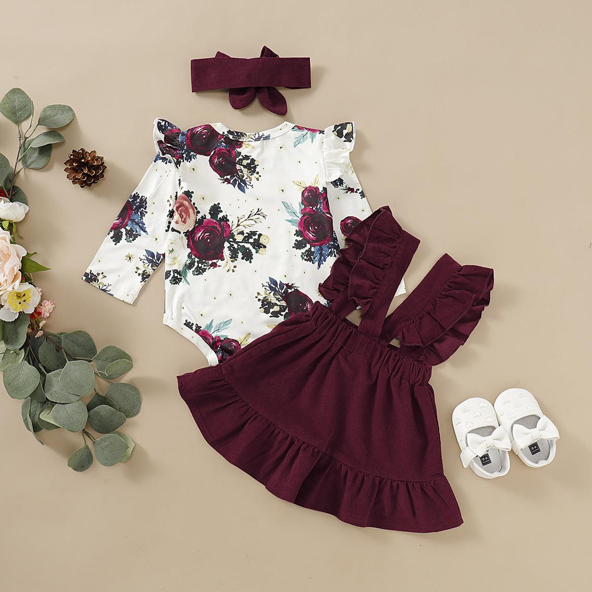 Baby Girls Floral Print Ruffle Jumpsuit Solid Color Straps Dress Set