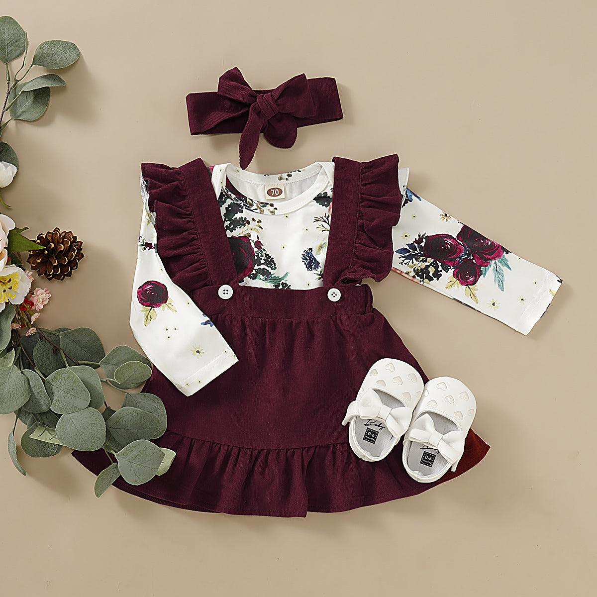 Baby Girls Floral Print Ruffle Jumpsuit Solid Color Straps Dress Set