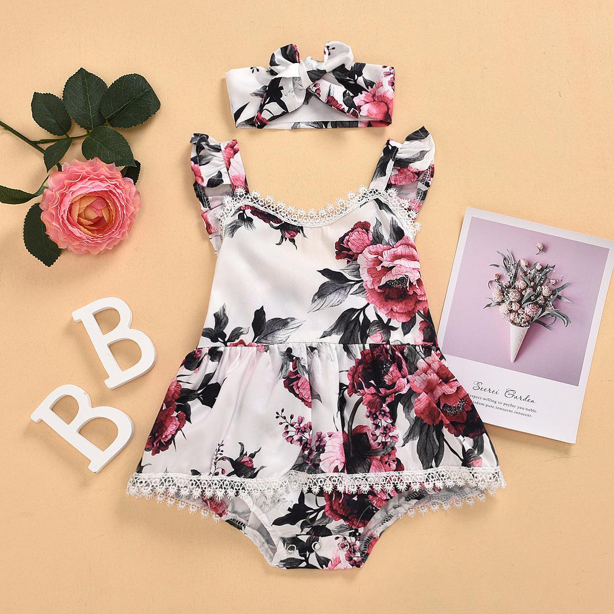 Baby girls flower printed jumpsuit 2-piece lace crawling suit