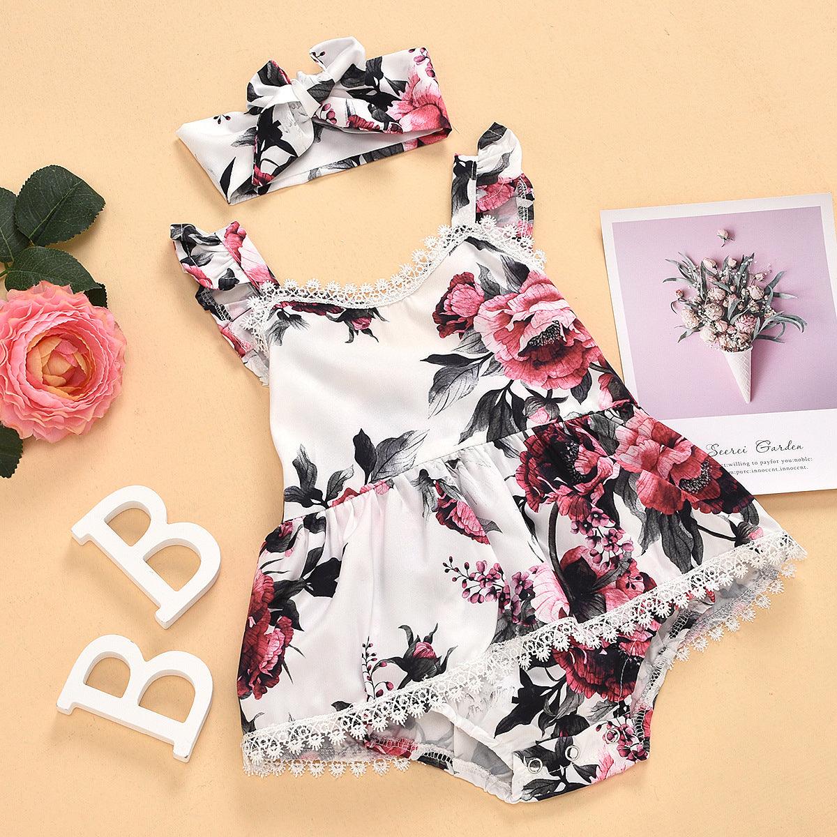 Baby girls flower printed jumpsuit 2-piece lace crawling suit