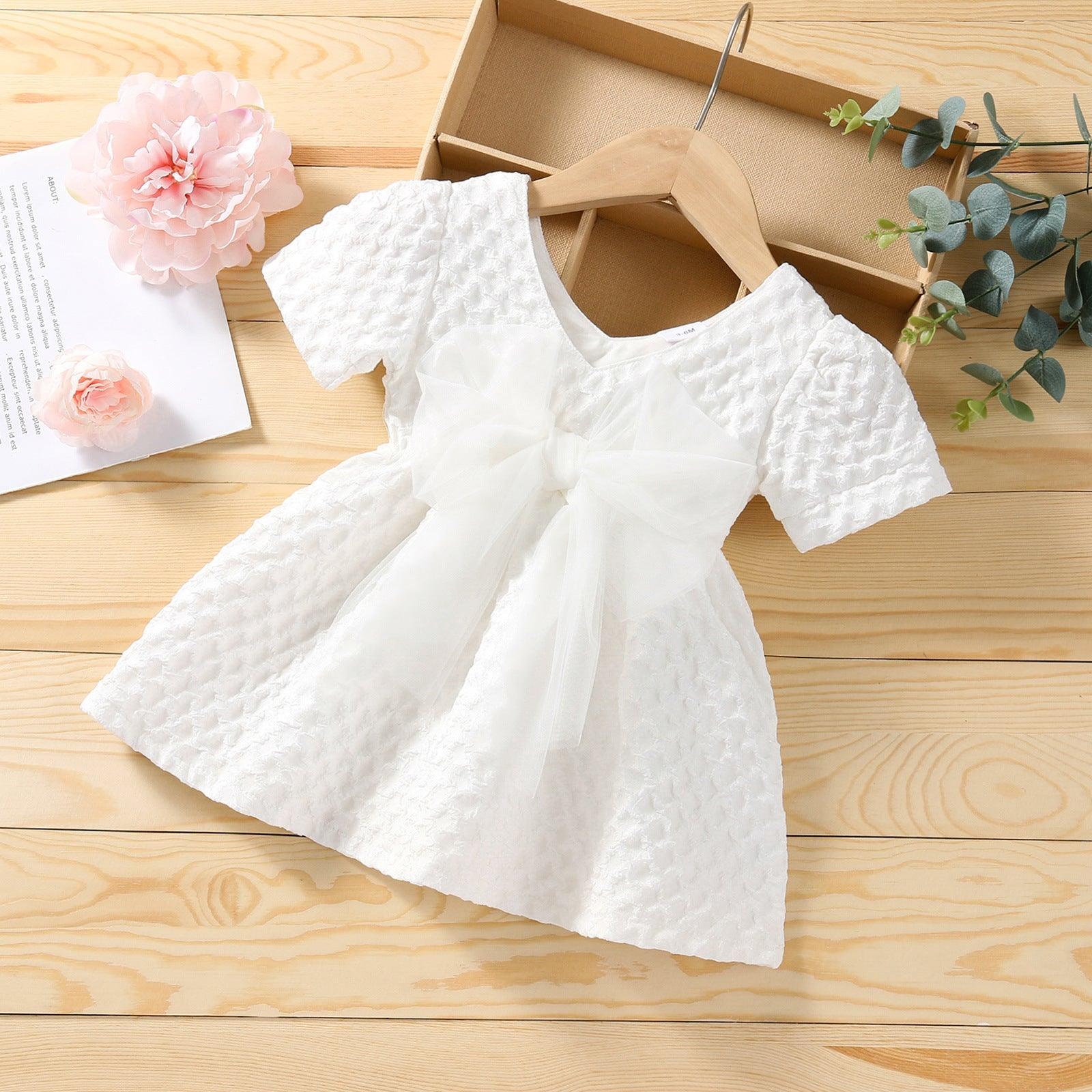 6months-4years Baby Girl Party Dresses V-Neck Solid Color Mesh Bow Short Sleeves Wholesale Baby Clothes In Bulk