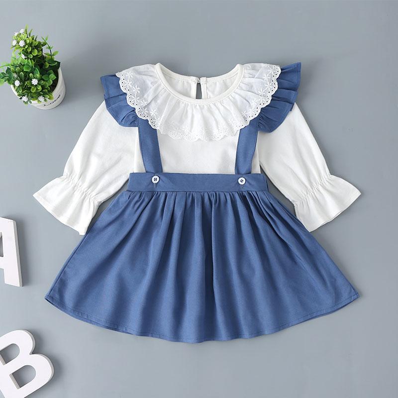 Baby Girl Doll Collar Lace Long Sleeve Top & Back Belt Skirt