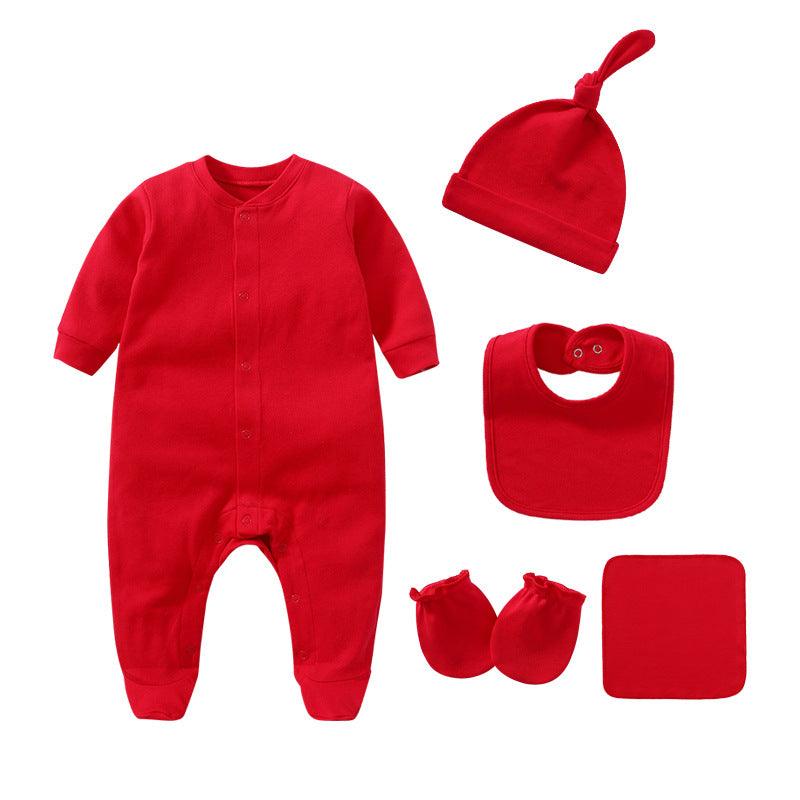 Baby Boys Girls Solid Color Long-sleeved Cotton Jumpsuit Hat Bib Gloves Square Scarf Five Piece Set